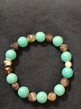 Real Turquoise & Amethyst Boho Beaded Stretch Bracelet With Sterling Silver Sz 7